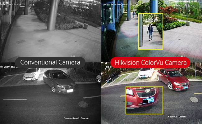Comparación oficial de imagen nocturna convencional y tecnología Hikvision ColorVu