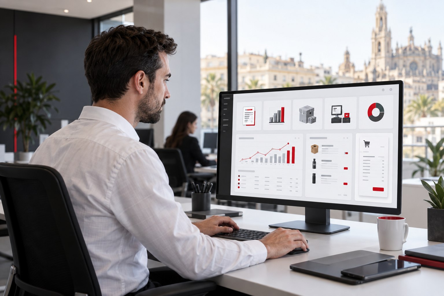 Profesional utilizando software de facturación, contabilidad, almacén y comercio