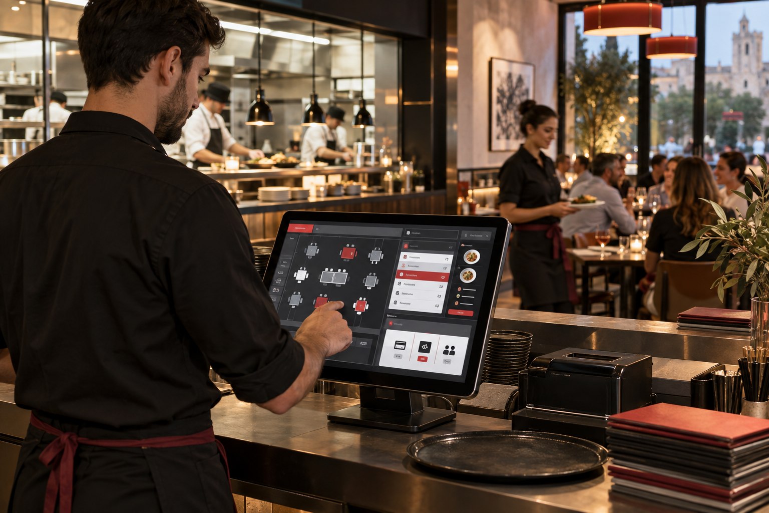 Camarero utilizando un TPV para gestionar mesas, comandas y cocina